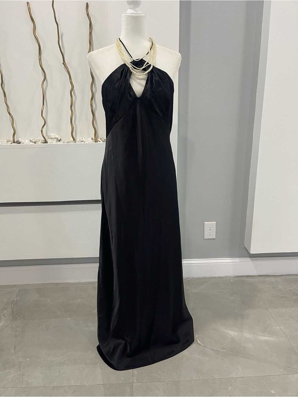 Karina Grimaldi Black Halter Maxi Dress with Pearl-Style Neck Detail